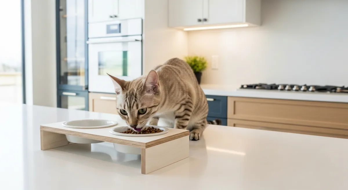 Chaton de 4 mois devant sa gamelle avec différents types de nourriture kitten