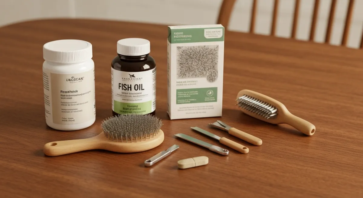Produits de soin et compléments alimentaires pour chat sur une table