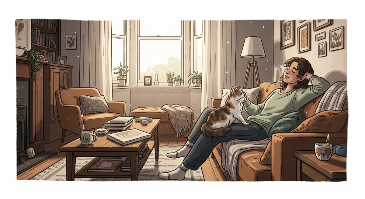 Chat et son propriétaire partageant un moment de complicité sur le canapé